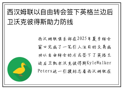 西汉姆联以自由转会签下英格兰边后卫沃克彼得斯助力防线