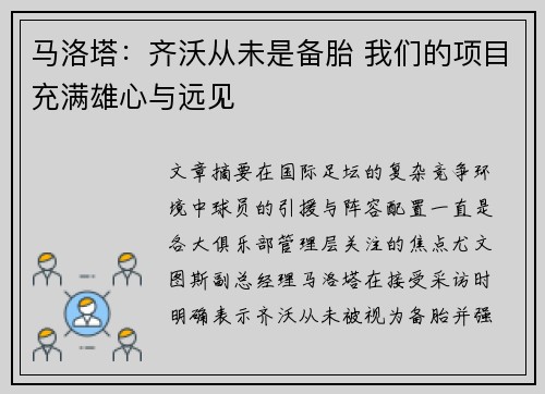 马洛塔：齐沃从未是备胎 我们的项目充满雄心与远见