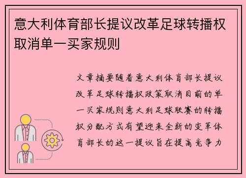 意大利体育部长提议改革足球转播权取消单一买家规则